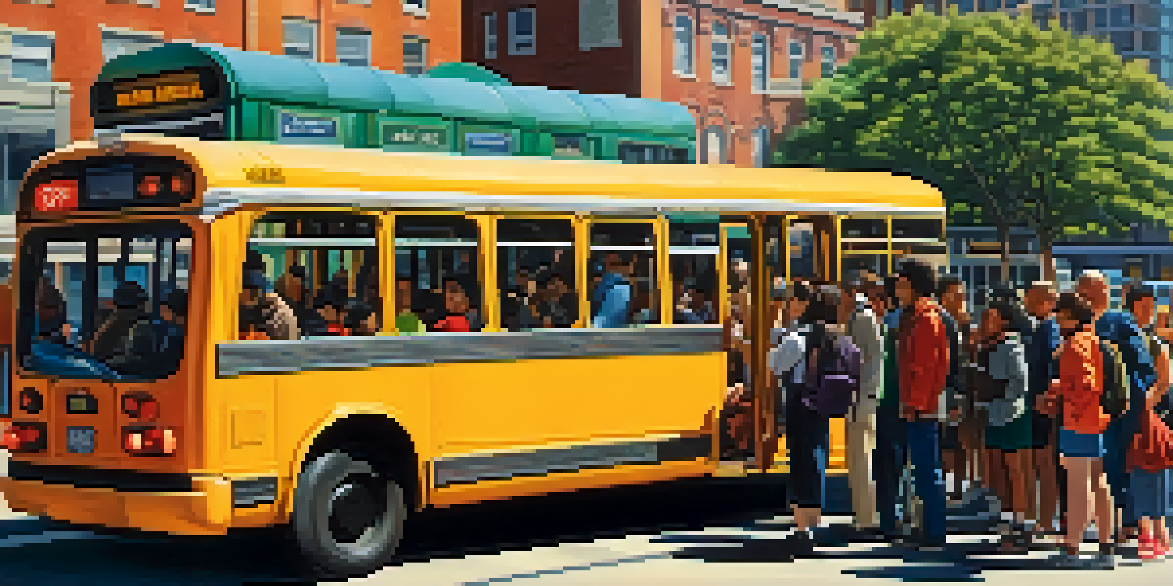 A crowded bus stop with diverse individuals waiting for a bus, showcasing bright sunlight and city buildings.