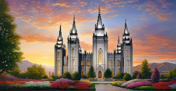 A panoramic view of the Salt Lake Temple at sunset, highlighting its architectural details and beautiful gardens.