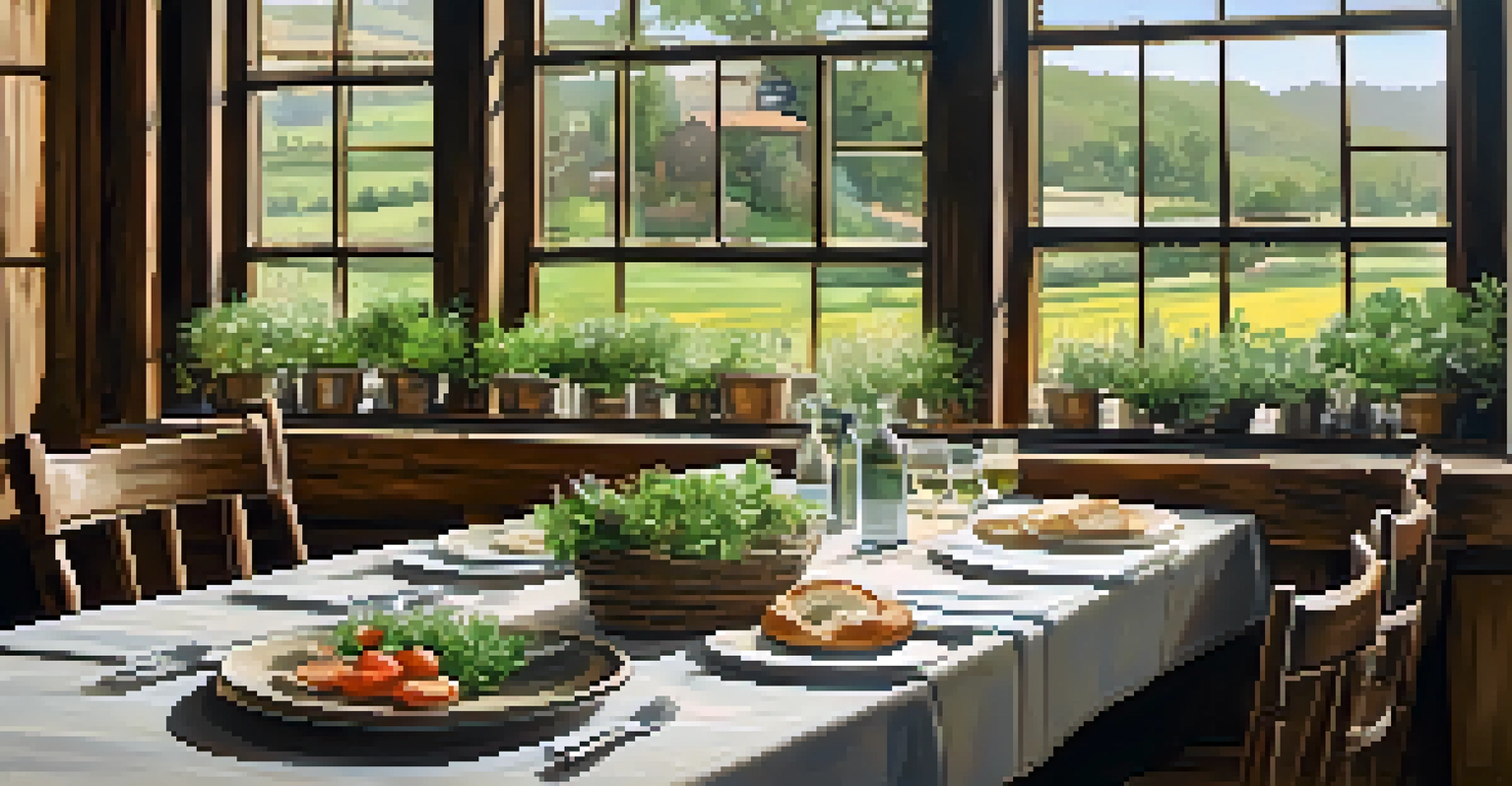 A rustic dining table with seasonal dishes, fresh salad, and local olive oil, illuminated by natural light, with an herb garden in the background.