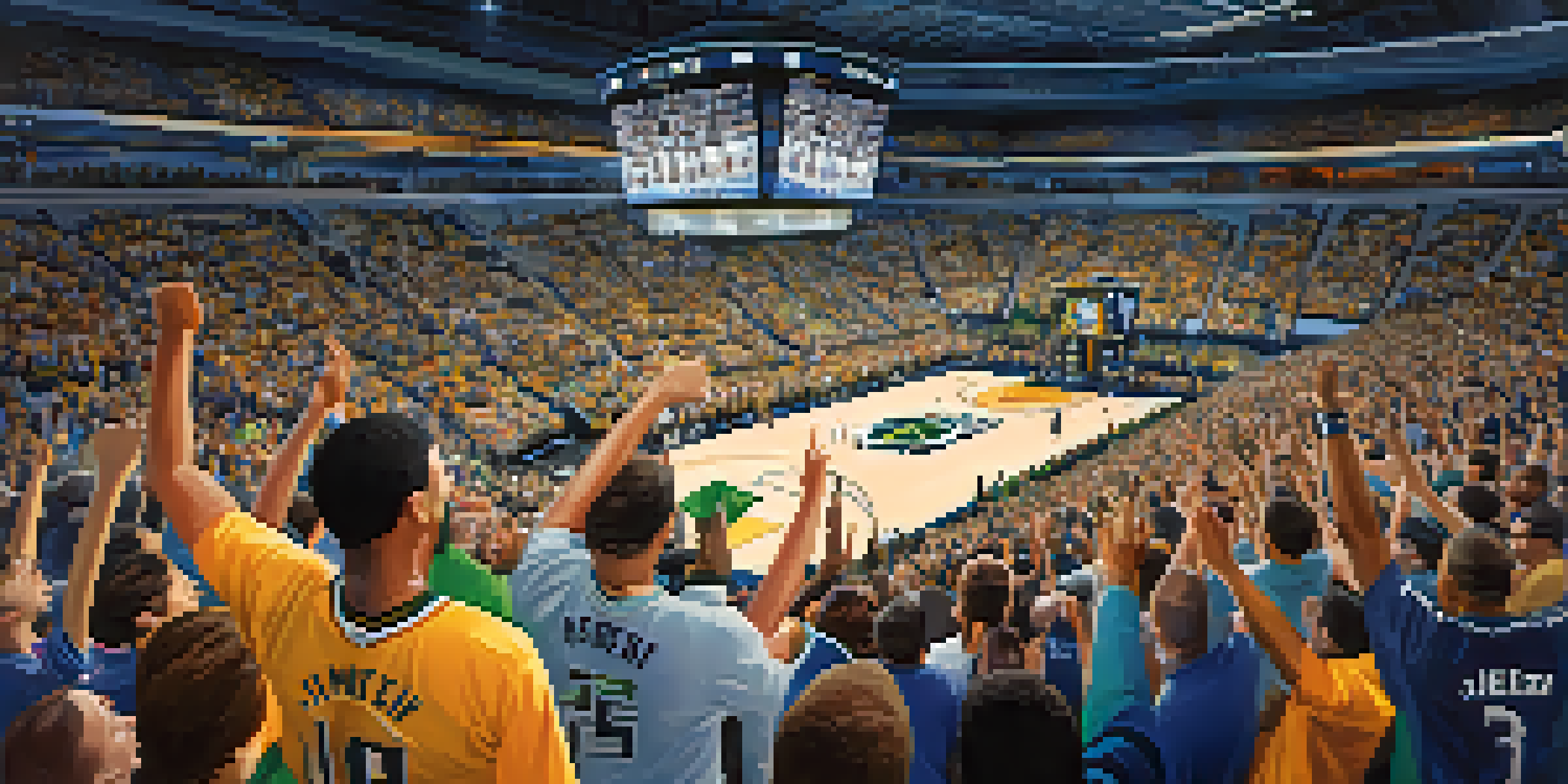 A crowd of enthusiastic fans in colorful jerseys cheering during a basketball game at the Delta Center, with bright lights illuminating the court.