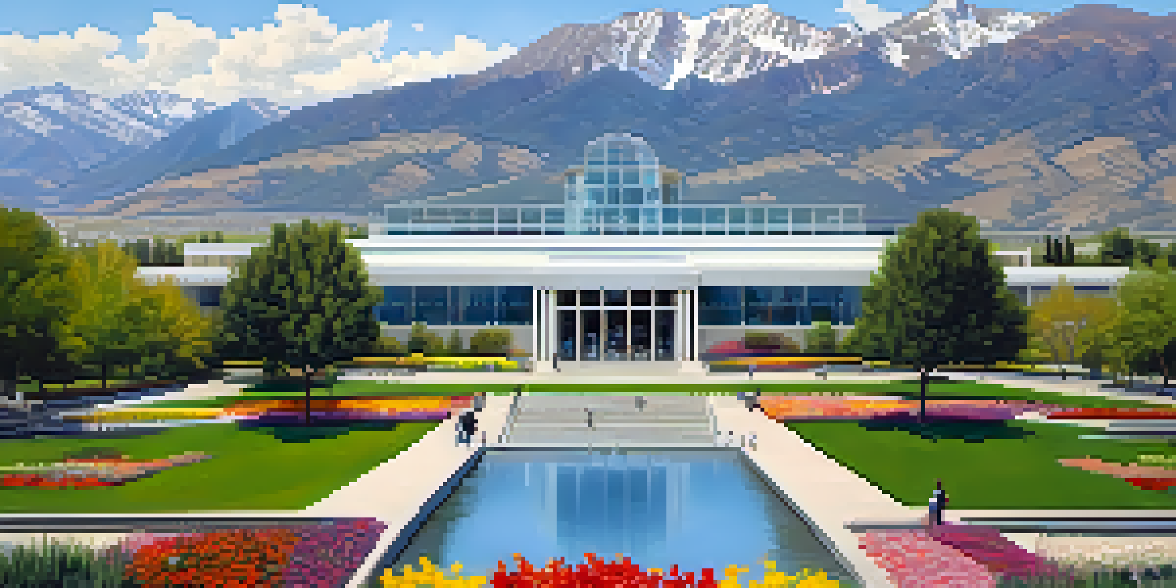 A panoramic view of the Utah Museum of Fine Arts with the Wasatch Mountains in the background, featuring modern architecture and visitors in the gardens with colorful sculptures.