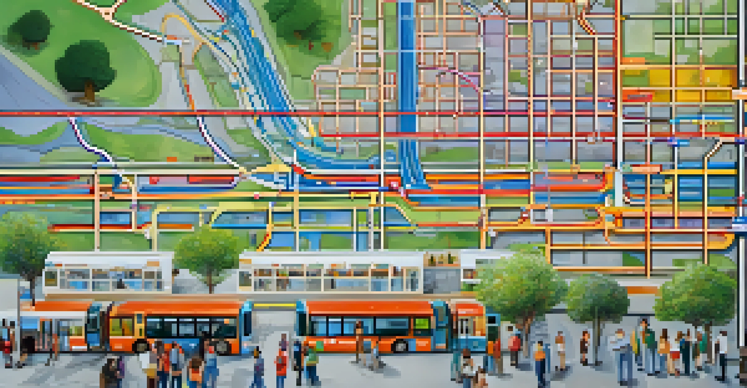 A colorful public transportation map at a bus station with people discussing travel plans nearby.