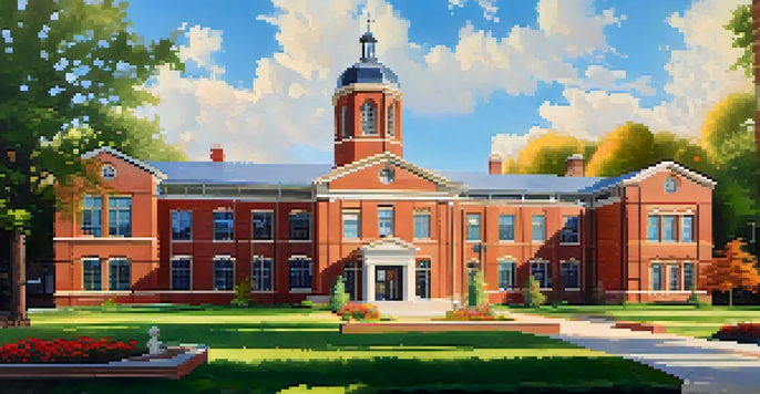 A picturesque private school in Salt Lake City with students engaging in outdoor activities, surrounded by greenery and flowers.