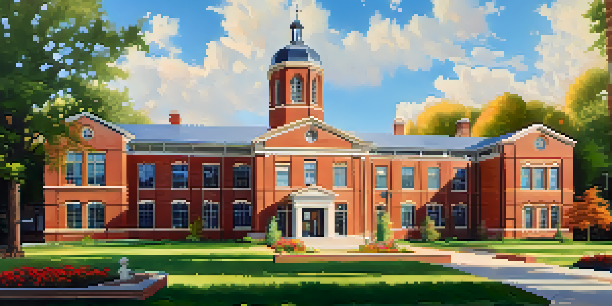 A picturesque private school in Salt Lake City with students engaging in outdoor activities, surrounded by greenery and flowers.