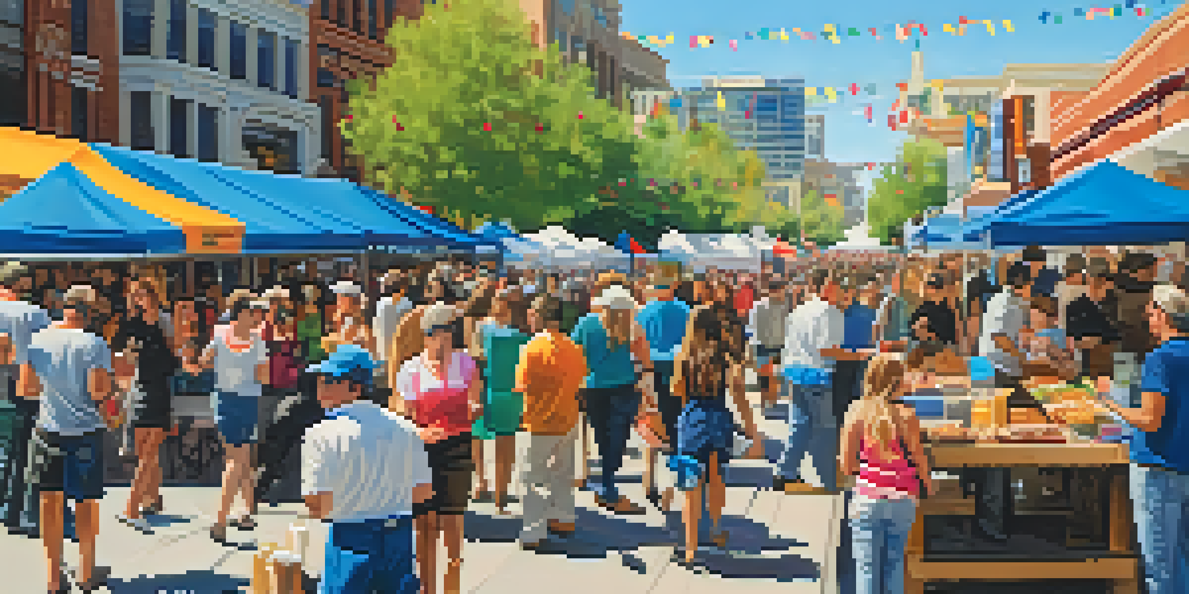 A bustling outdoor arts festival with artists and visitors surrounded by colorful art displays and food vendors under a clear sky.