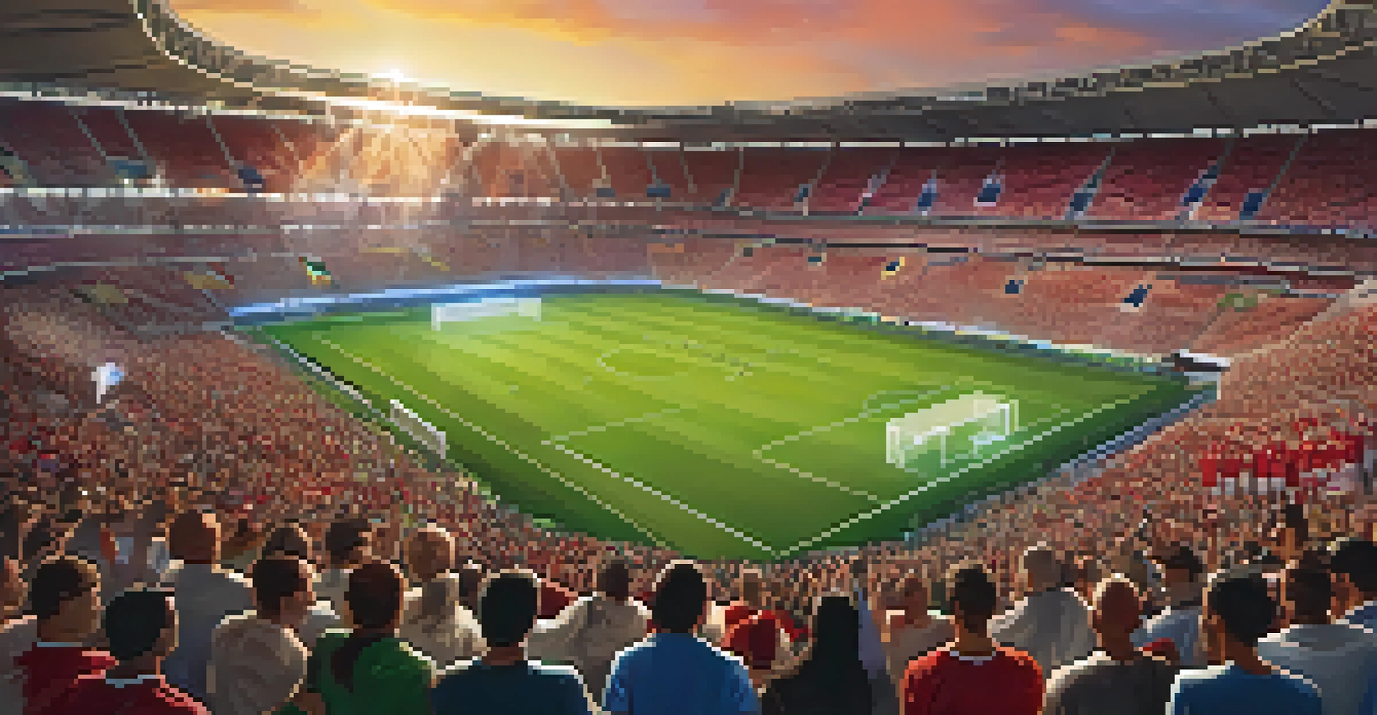 Aerial view of a soccer stadium filled with fans during a match, with a beautiful sunset in the background.