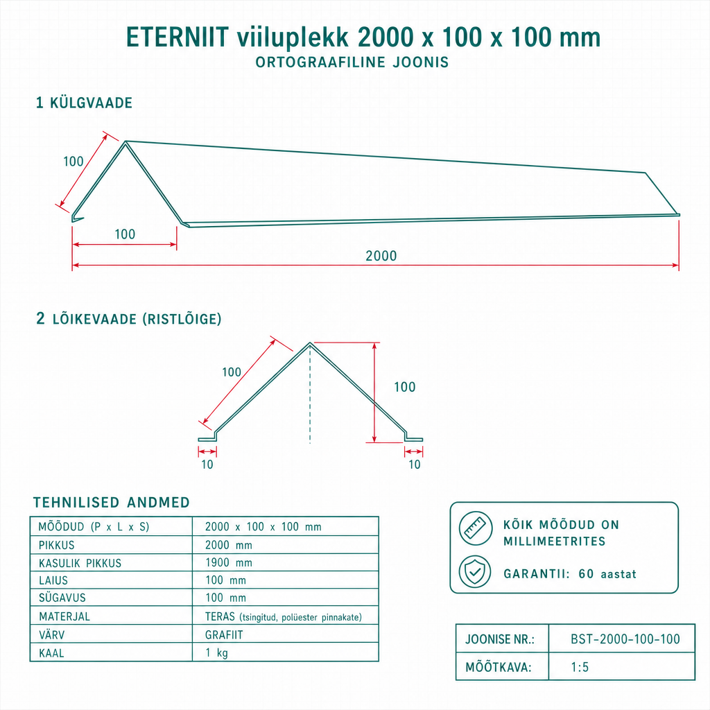 viiluplekk 2000 x 100 x 100 mm - tehniline joonis