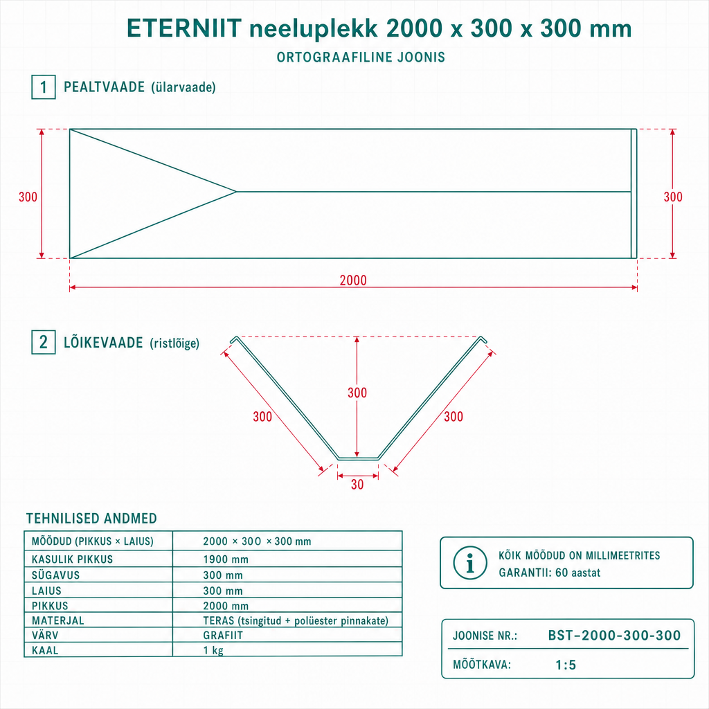 neeluplekk 2000 x 300 x 300 mm - tehniline joonis