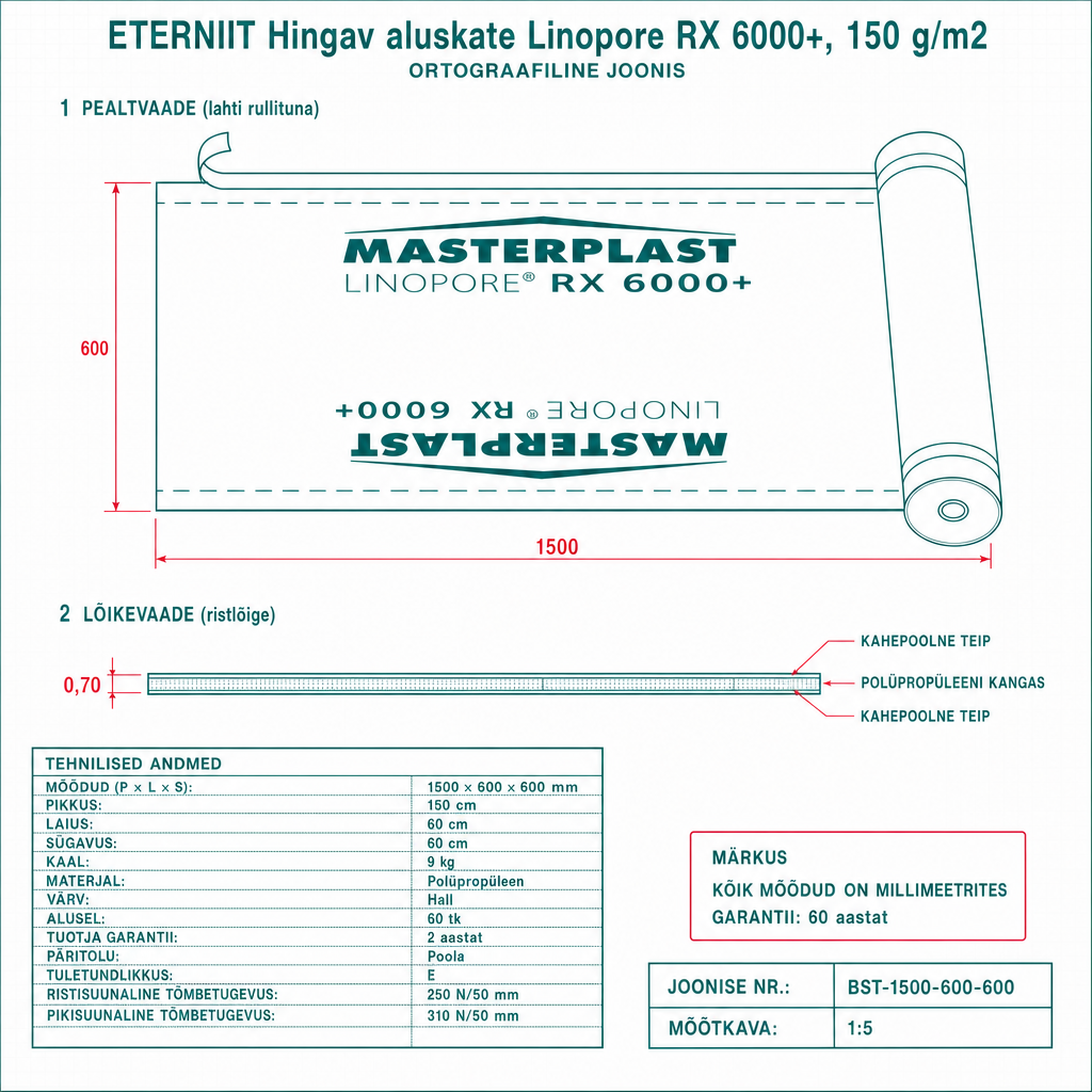 Hingav aluskate Linopore RX 6000+, 150 g/m2 - tehniline joonis