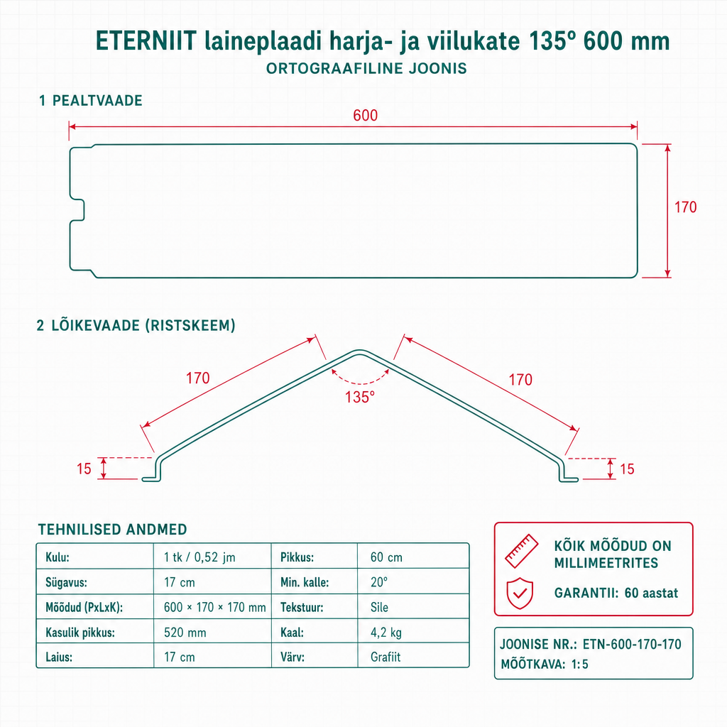 Eternit laineplaadi harja- ja viilukate 135° 600 mm - tehniline joonis