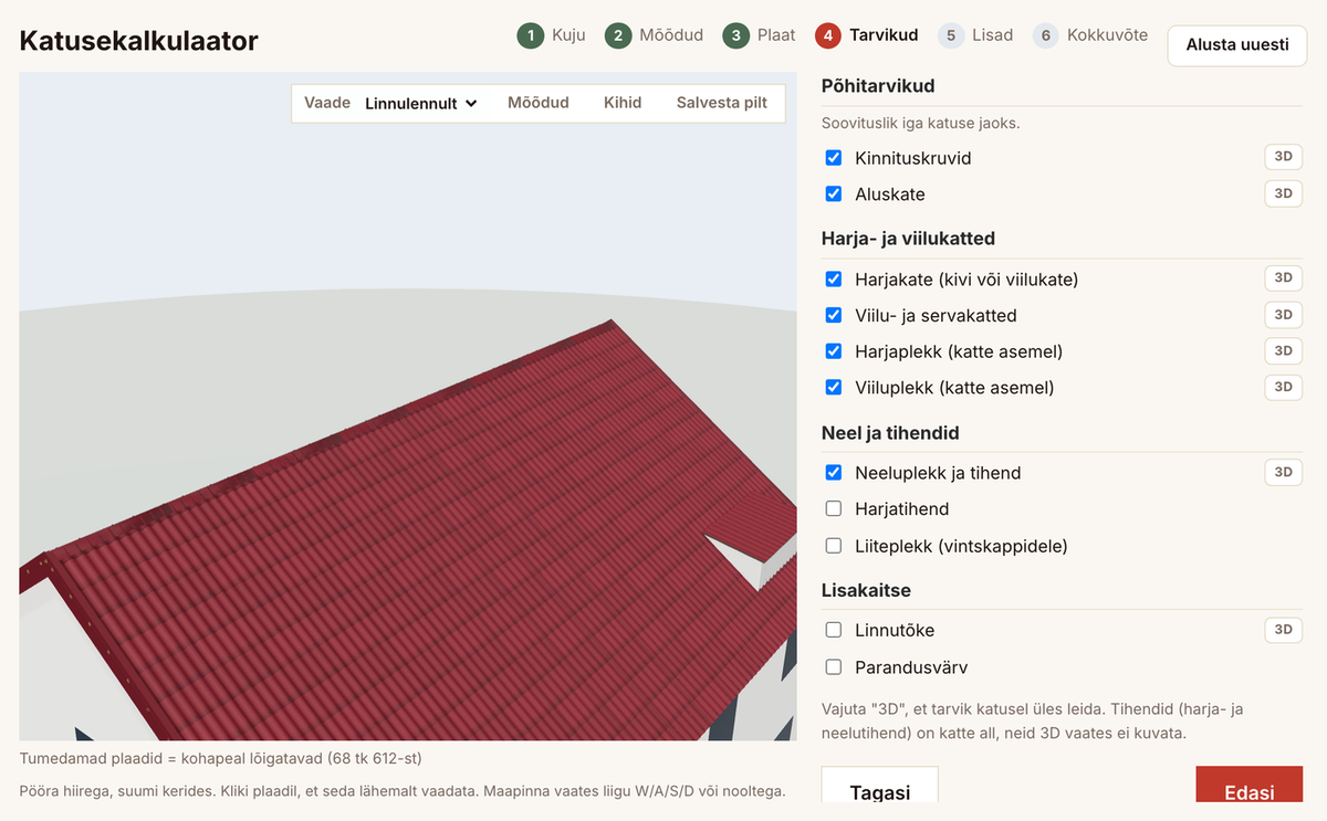 Katusekalkulaatori 4. samm: tarvikud katusel lähivaates