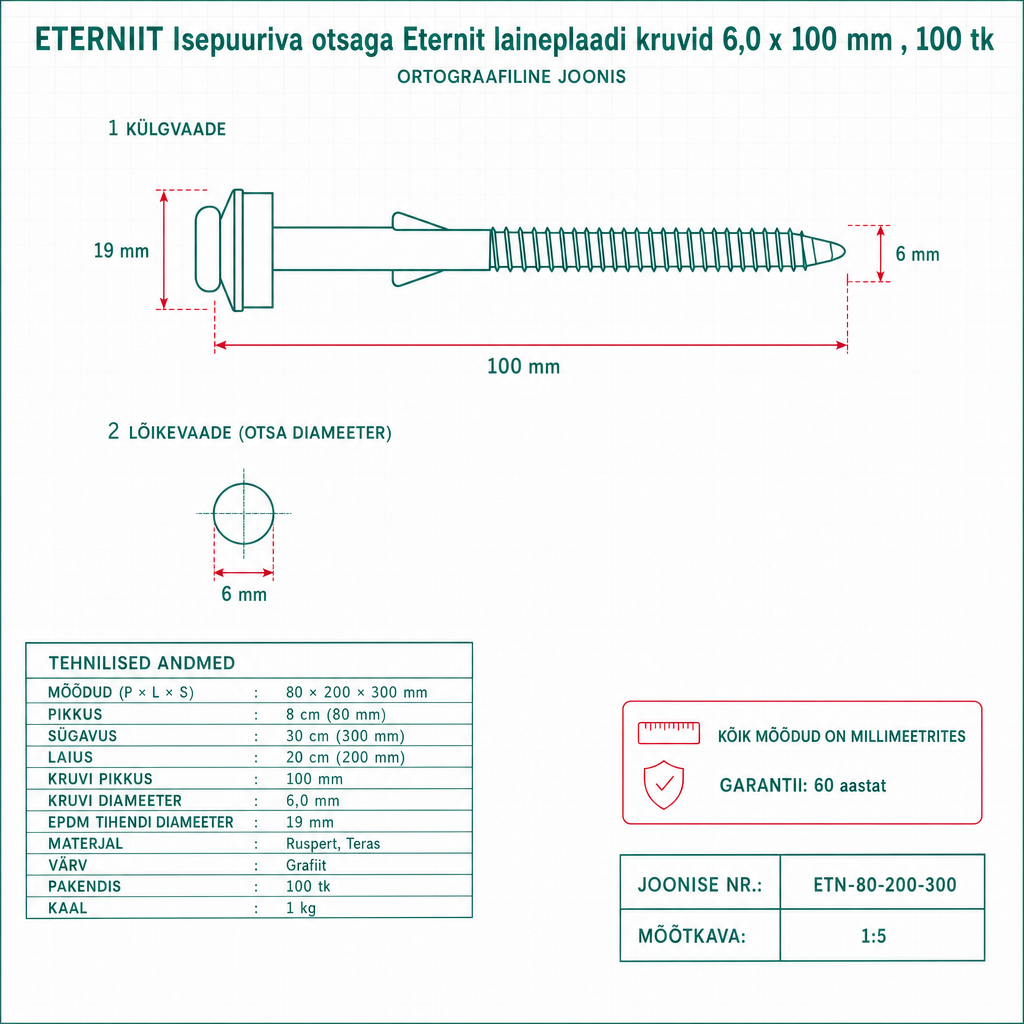 Isepuuriva otsaga Eternit laineplaadi kruvid 6,0 x 100 mm , 100 tk - tehniline joonis