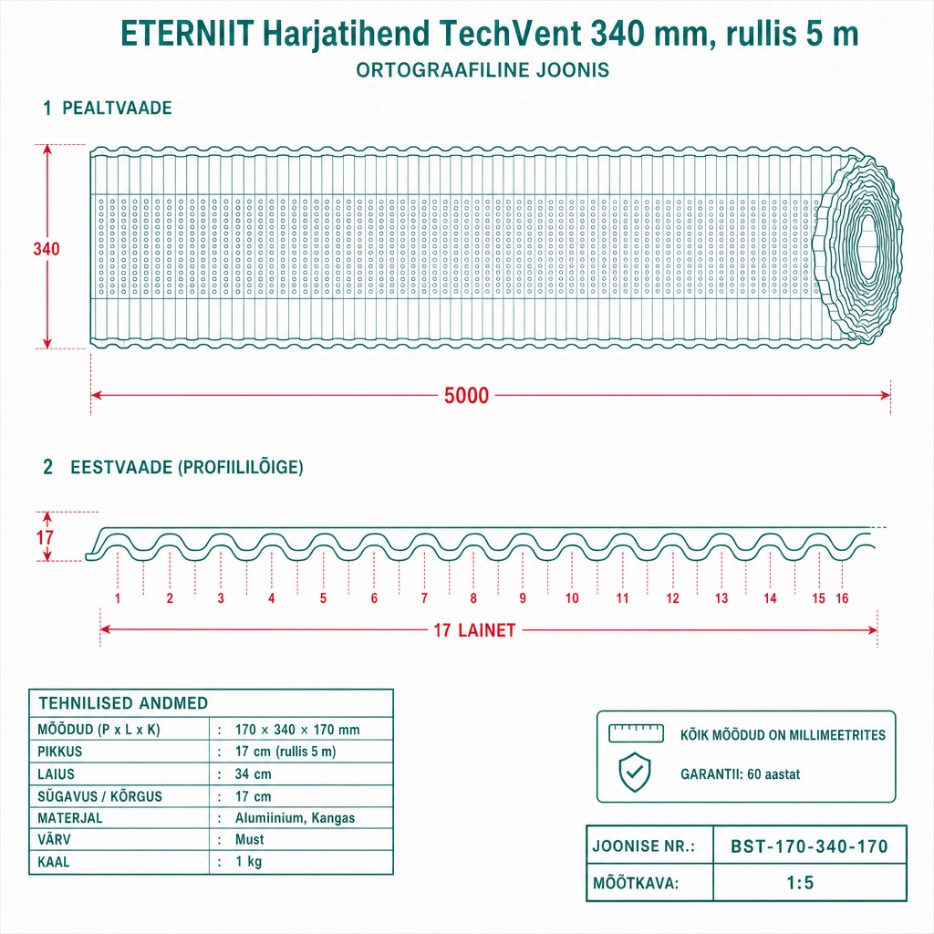 Harjatihend TechVent 340 mm, rullis 5 m - tehniline joonis