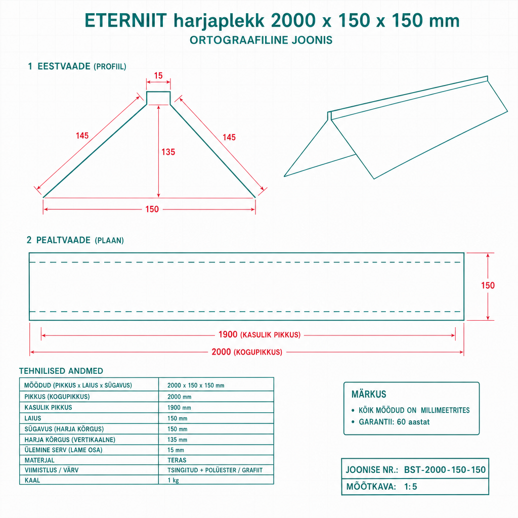 harjaplekk 2000 x 150 x 150 mm - tehniline joonis