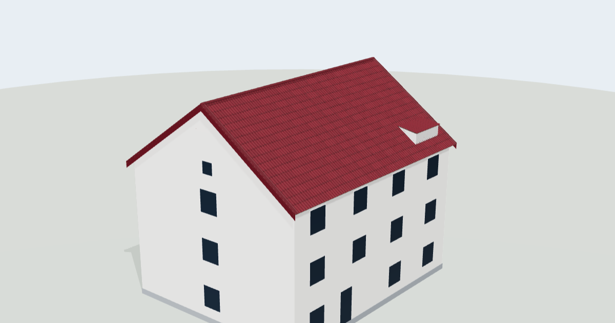 Katusekalkulaatori 3D vaade: kolmekorruseline maja punase laineplaatkatuse ja vintskapiga