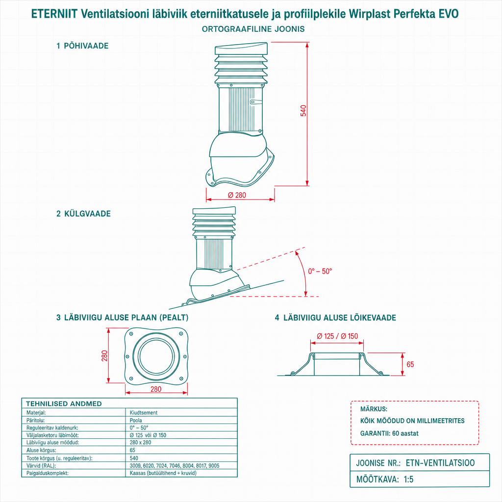 Ventilatsiooni läbiviik eterniitkatusele ja profiilplekile Wirplast Perfekta EVO - tehniline joonis