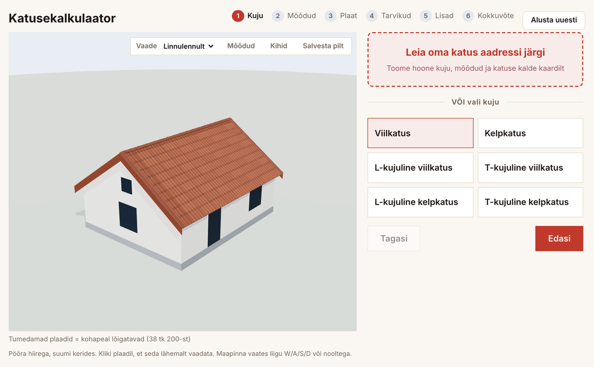 Katusekalkulaatori 1. samm: katuse kuju valik ja 3D eelvaade