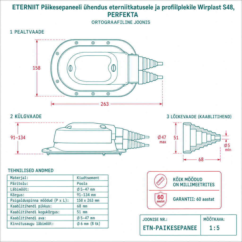 Päikesepaneeli ühendus eterniitkatusele ja profiilplekile Wirplast S48, PERFEKTA - tehniline joonis