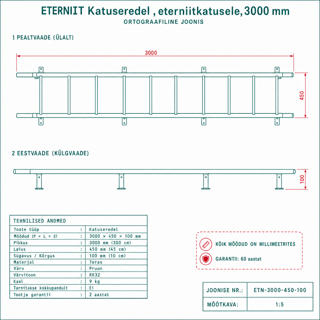 Katuseredel , eterniitkatusele, 3000 mm - tehniline joonis