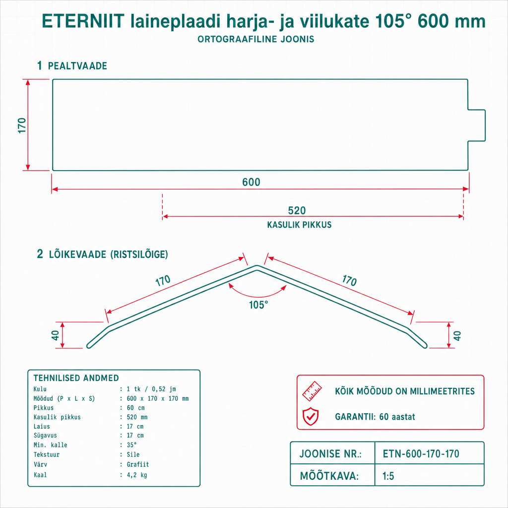 Eternit laineplaadi harja- ja viilukate 105° 600 mm - tehniline joonis
