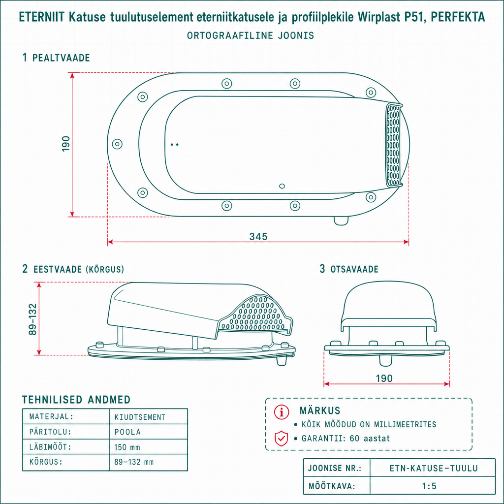 Katuse tuulutuselement eterniitkatusele ja profiilplekile Wirplast P51, PERFEKTA - tehniline joonis