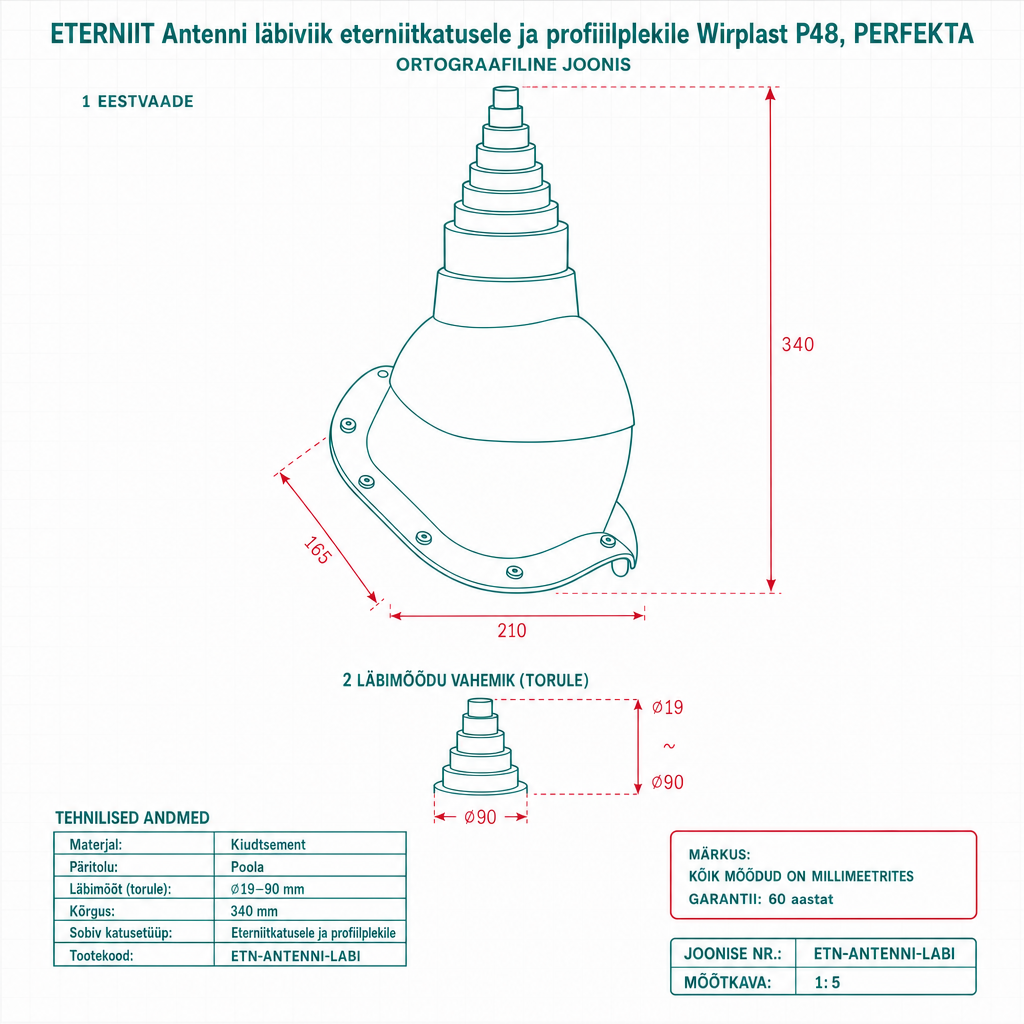 Antenni läbiviik eterniitkatusele ja profiilplekile Wirplast P48, PERFEKTA - tehniline joonis