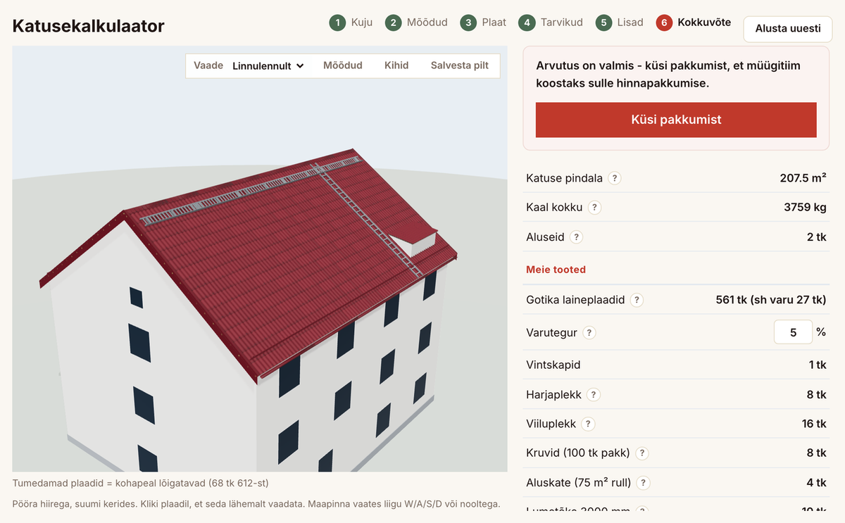 Katusekalkulaatori 6. samm: kokkuvõte materjalide kogustega