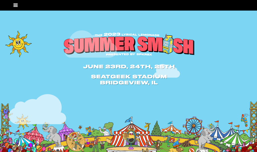 The home screen of the 2023 circus themed Summer Smash festival