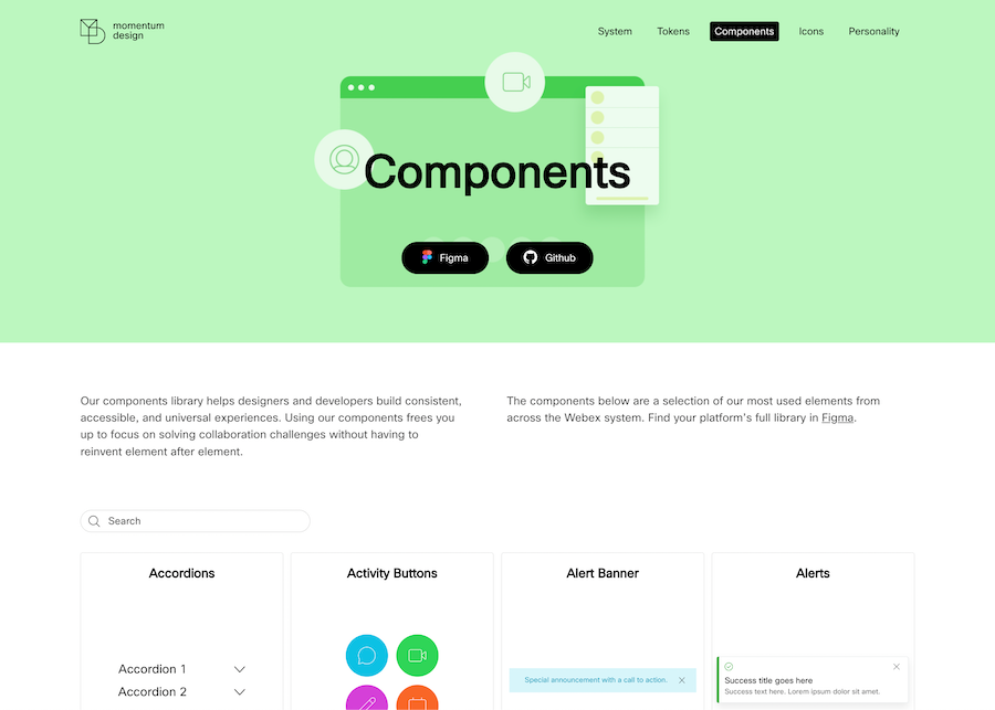 The components screen on the Momentum Design documentation site