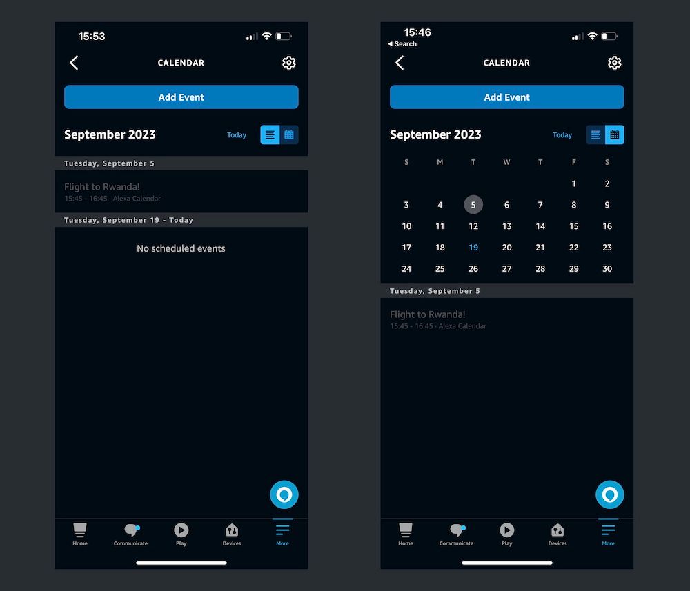 Side by side screenshots of the Alexa Mobile calendar page. On the left is the list view and on the right is the month view