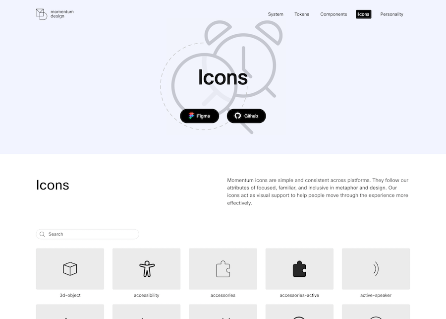 The Icons screen on the Momentum Design documentation site