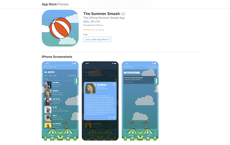 The app store preview of the Summer Smash mobile app