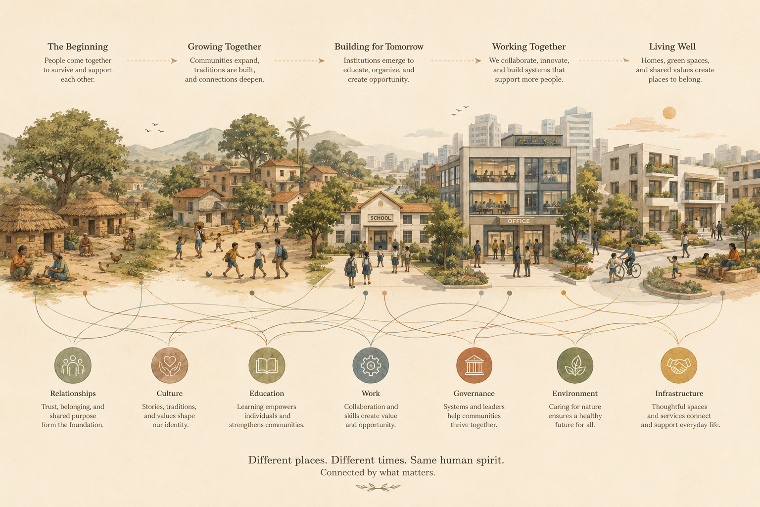 Editorial illustration showing the evolution of community life, from a small village to a modern neighborhood, school, office, and residential compound, connected by subtle lines representing the systems and relationships that help people live together.