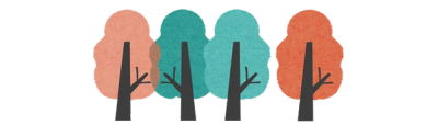 Illustrasjon av fire trær i ulike nyanser av grønt og oransj.
