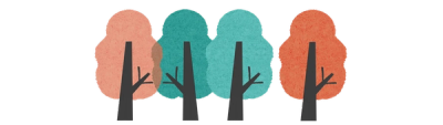 Illustrasjon av fire trær i ulike nyanser av grønt og oransj.