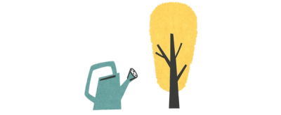 Illustrasjon av en grønn vannkanne som står ved siden av et gult tre.