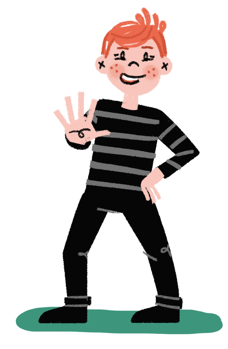 Illustrasjon av gutt med rødt hår og stripet genser som gjør stoptegnet med den ene hånda