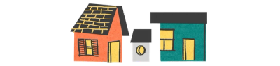 Illustrasjon av et rødt, grått og grønt hus. Det grå huset er litt mindre og står midt mellom det røde og det grønne.
