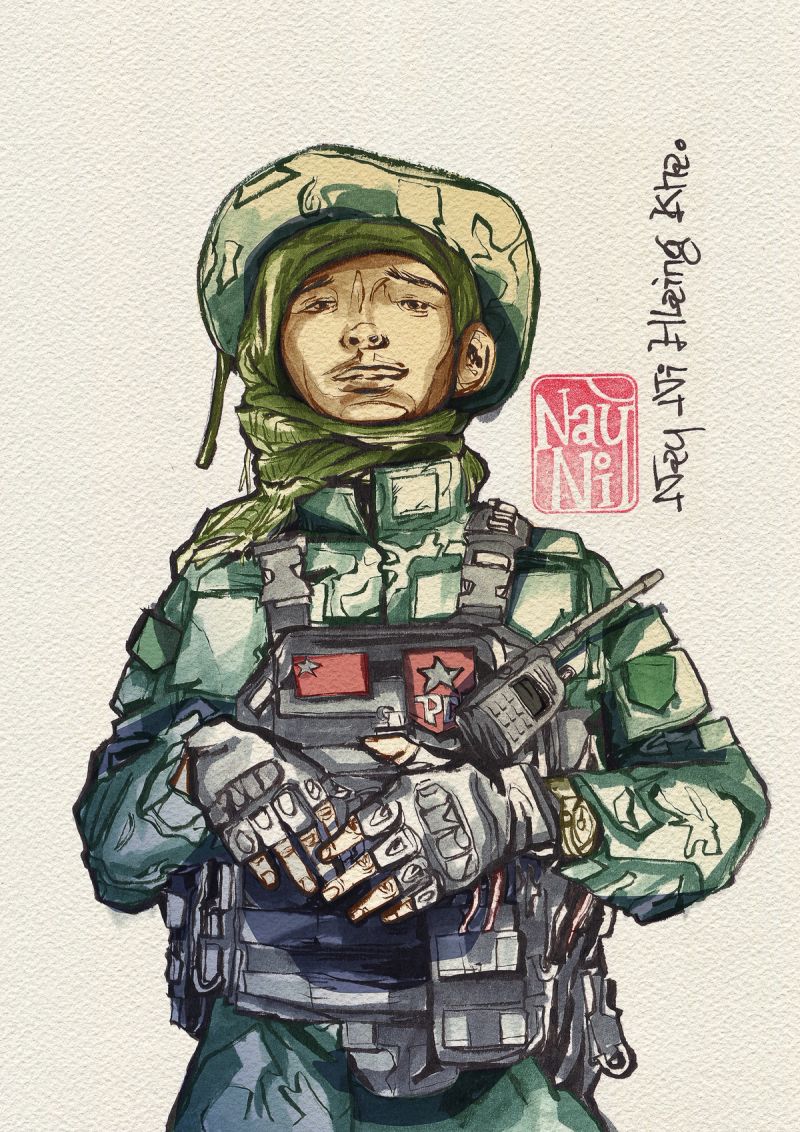 ©️Nay Ni Hlaing Kha, People's Defense Forces (PDF), 16×24 in, Illustrations & Fine Art Cartooning, Line Ink on Paper, and Digital Color