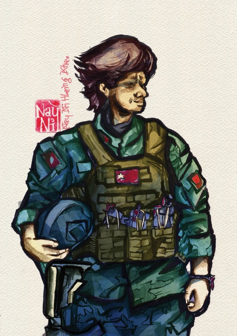 ©️Nay Ni Hlaing Kha, Helmet, 16×24 in, Illustrations & Fine Art Cartooning, Line Ink on Paper, and Digital Color