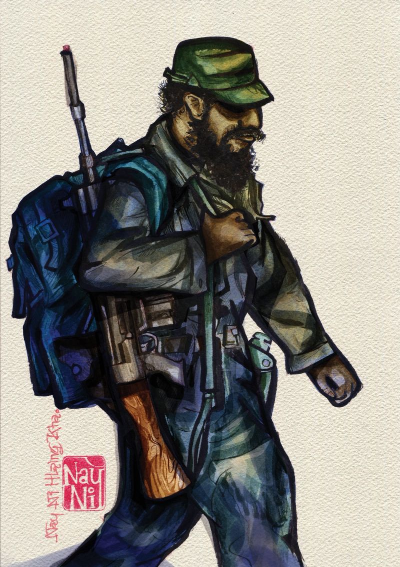 ©️Nay Ni Hlaing Kha, Che, 16×24 in, Illustrations & Fine Art Cartooning, Line Ink on Paper, and Digital Color