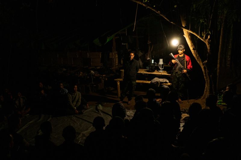 Verses in the Shadows: Maung Saungkha Reads Poetry to BPLA Recruits, 2024. © Aung Naing Soe