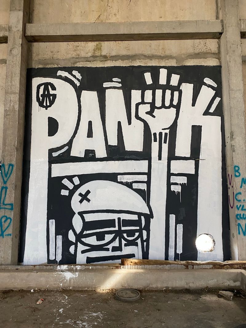 The name. The fist. The face. PANIK leaves his mark on a concrete shell black, white, and unambiguous. The ATG crew emblem in the corner signs off on all of it.