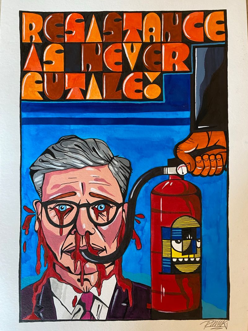 Resistance Is Never Futile." PANIK puts Keir Starmer in the crosshairs, blood streaming from his eyes, his own extinguisher turned against him. The message is painted in three lines. None of them are ambiguous.