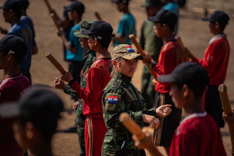 Female Officer Trains Recruits at KNDF Boot Camp, 2024. © Aung Naing Soe