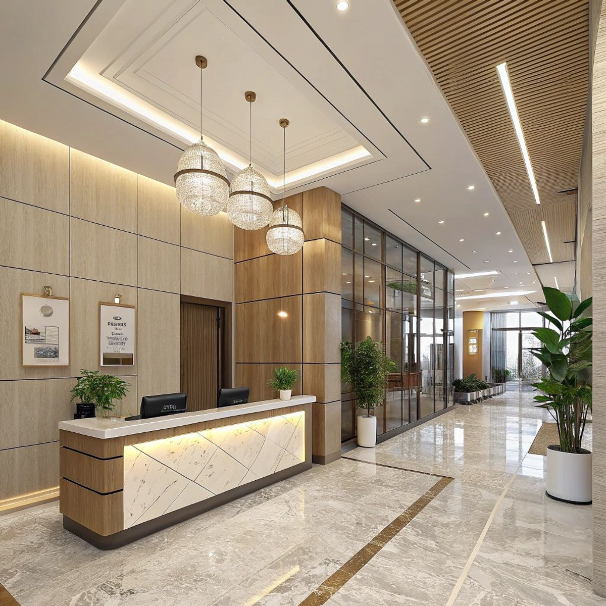 Modern commercial office lobby with neutral tones