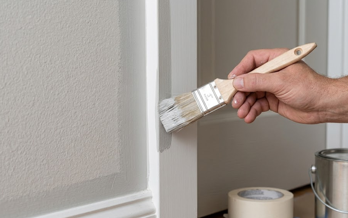 Hand cutting-in a precise line between wall and trim