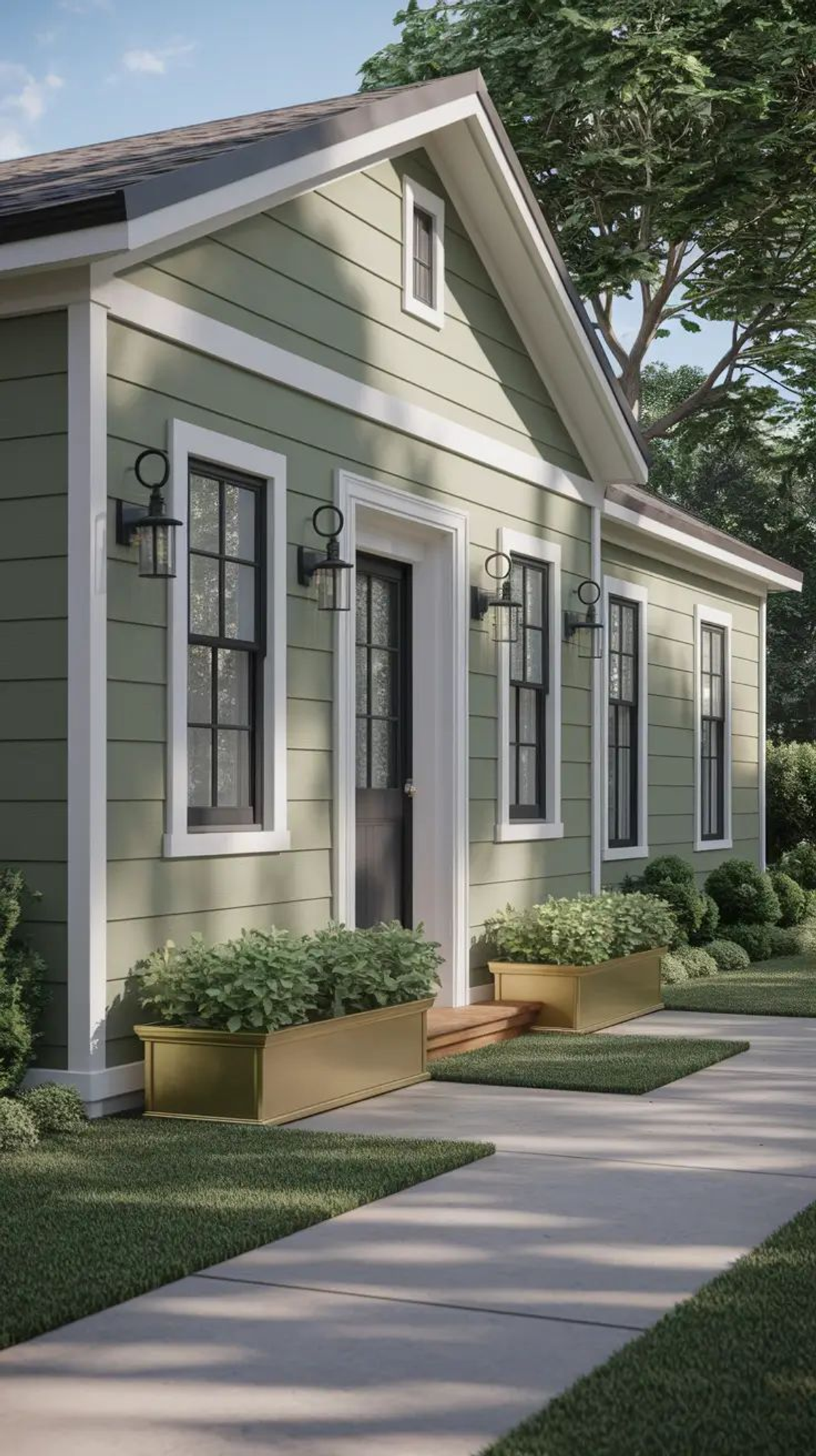Two-story home exterior in deep sage green with white trim
