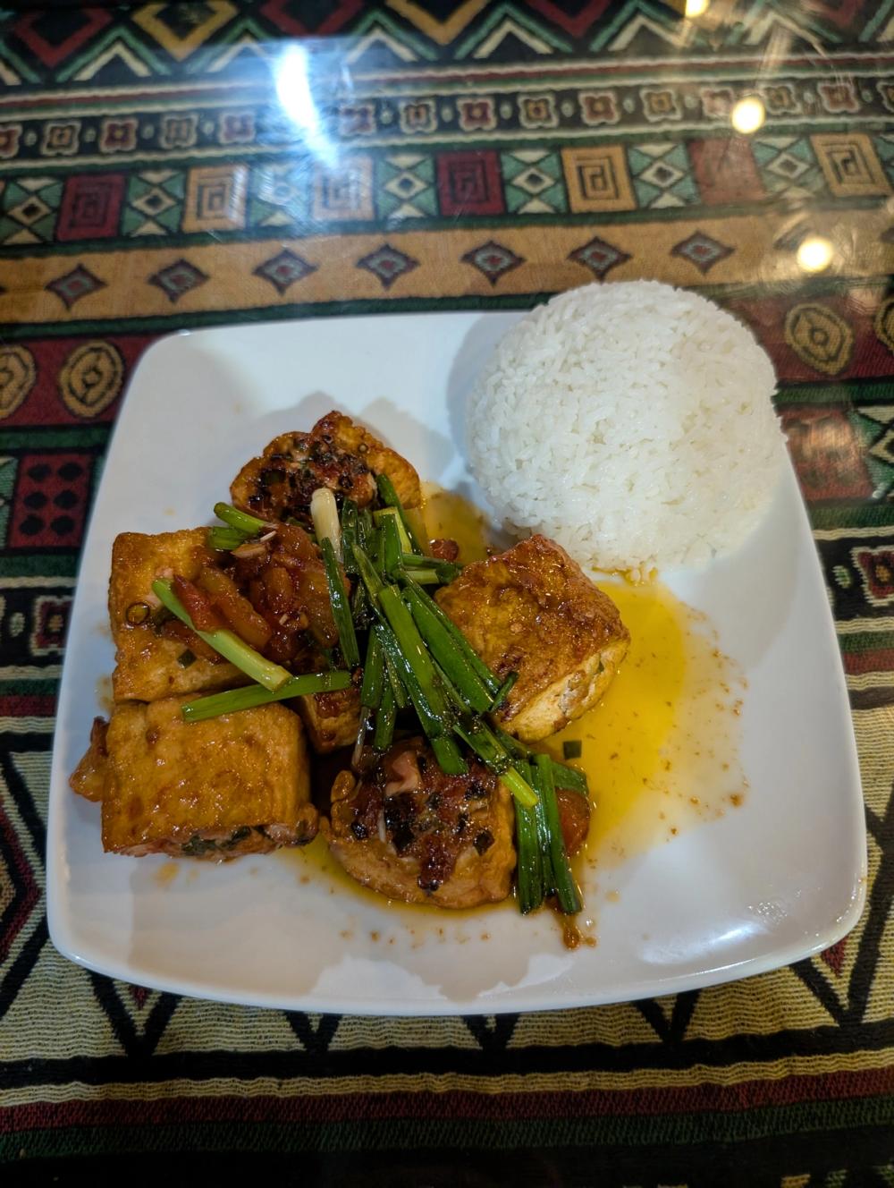 Tofu in Tomatensauce mit Reis