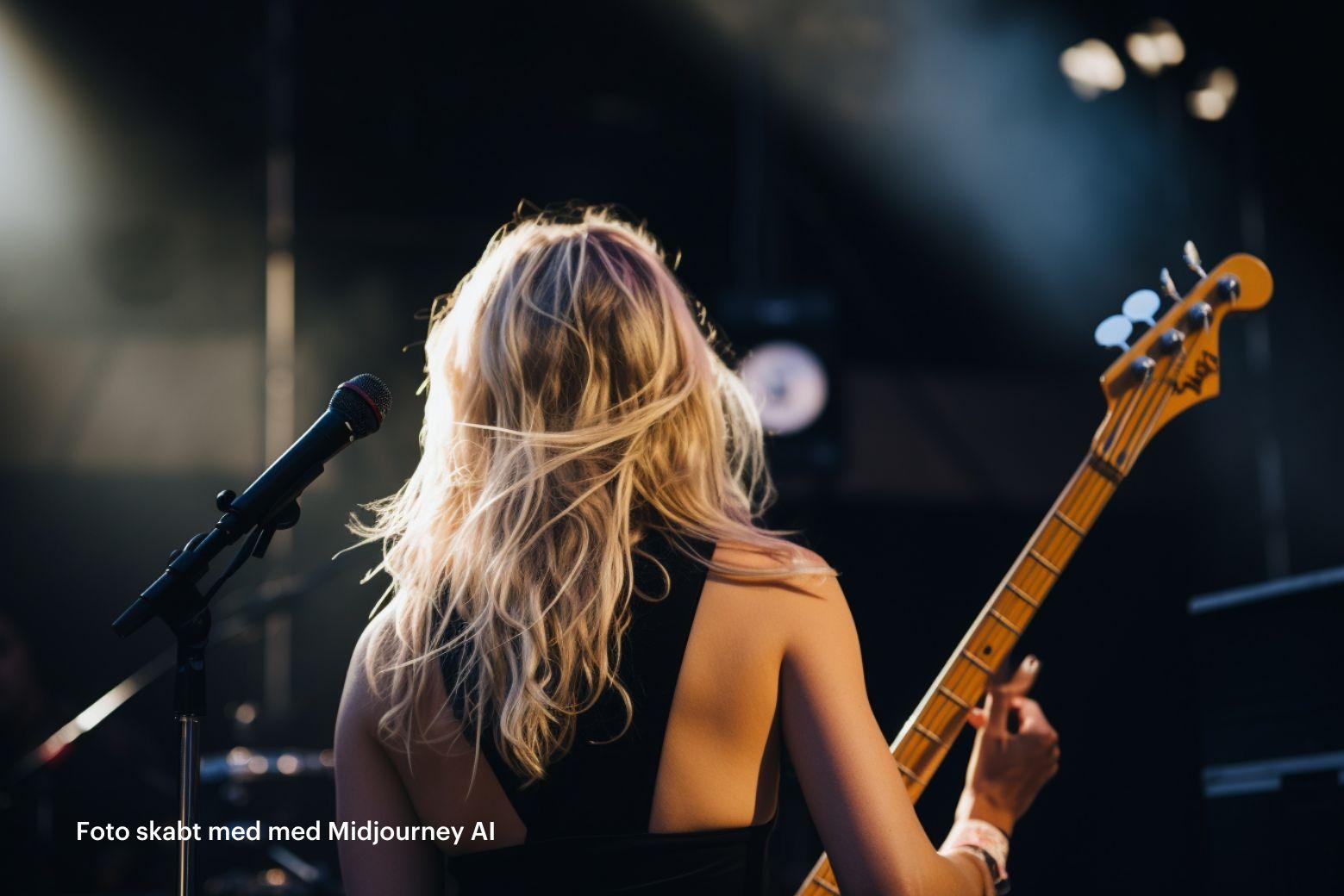 AI-genereret foto af kvindelig rockmusiker set med ryggen til